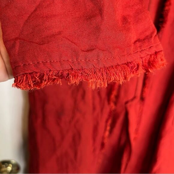 This is a Zara Red Linen Long Duster Coat with Pockets burnt orange oversized - Picture 3 of 9